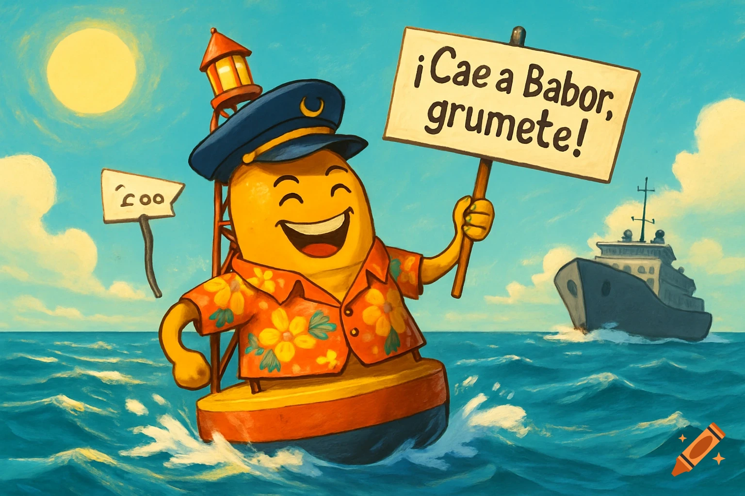 A cartoon buoy character with a captain's hat and Hawaiian shirt floats on the ocean, holding a sign that reads "¡Cae a Babor, grumete!". A ship is in the background.