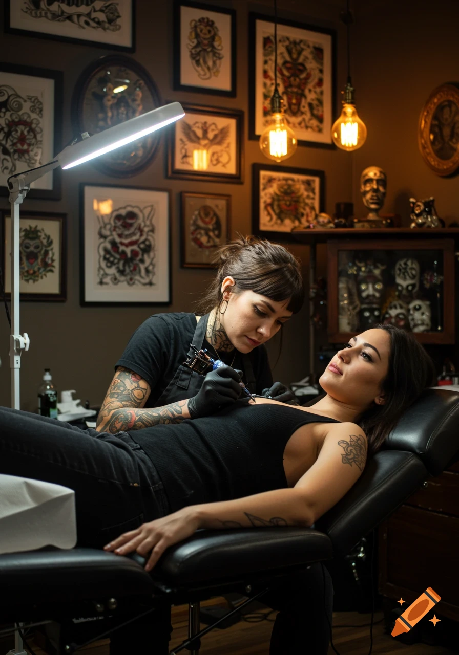A female tattoo artist carefully tattoos a woman lying on a chair in a tattoo parlor with framed artwork on the walls, photorealistic.