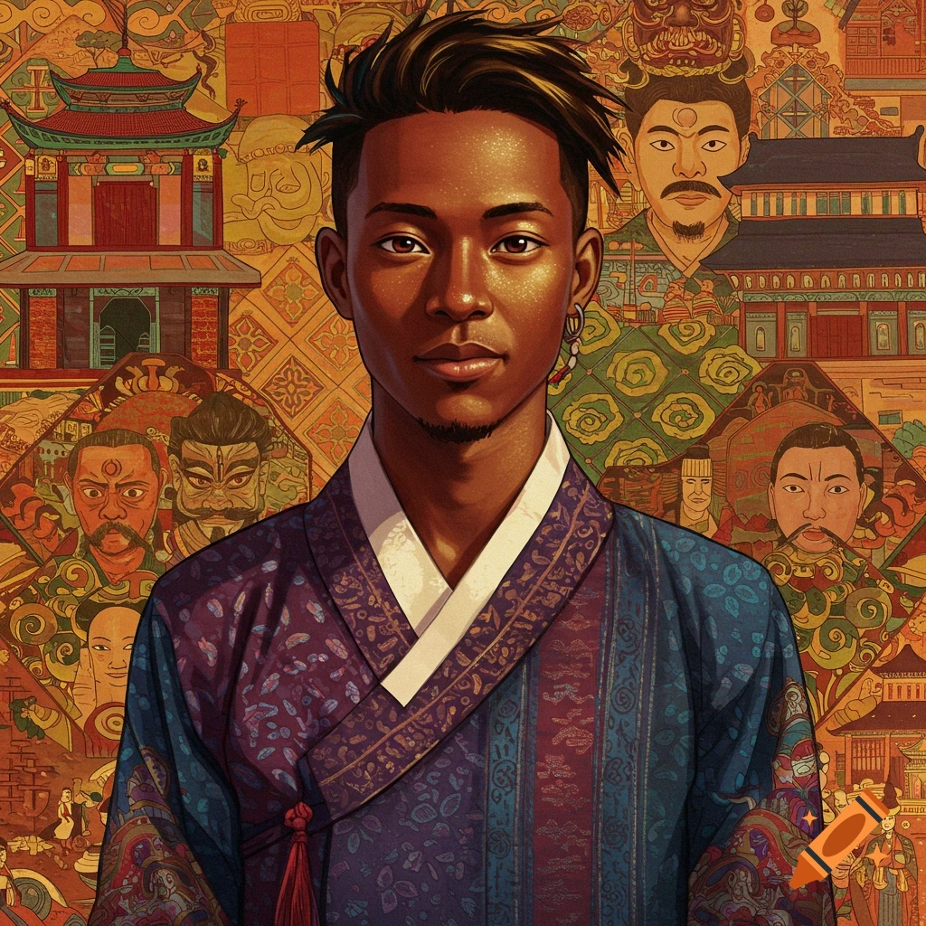 Digital illustration of a dark-skinned man in a patterned traditional robe against an ornate East Asian cultural background.