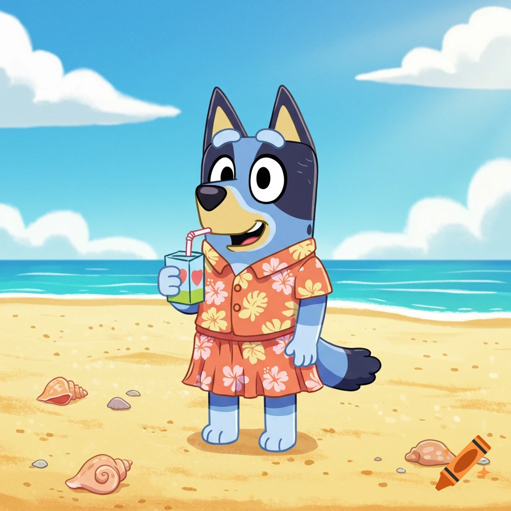 Cartoon character Bluey in a Hawaiian shirt and skirt on a sandy beach, drinking from a juice box.