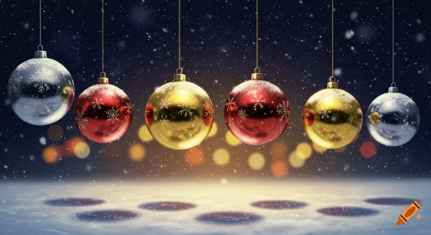Photorealistic image of hanging silver, red, and gold Christmas ornaments with snowflakes, falling snow, and festive bokeh lights.