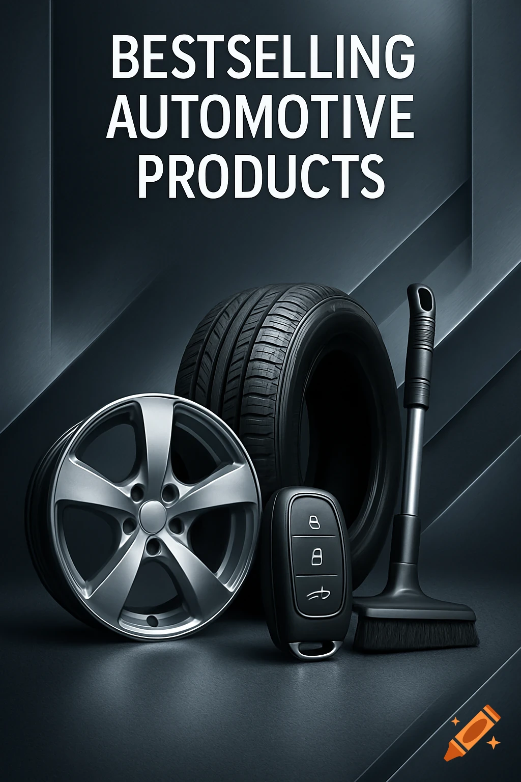 A vertical banner with "BESTSELLING AUTOMOTIVE PRODUCTS" text above a car tire, rim, key, and cleaning brush on a dark background.