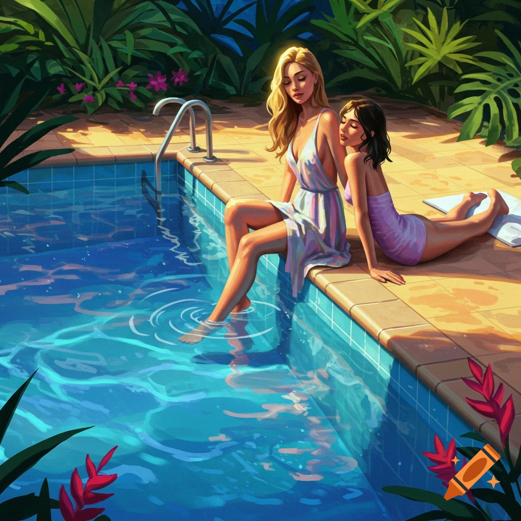 Two women by a swimming pool with tropical plants. One dips her feet in the water, the other lies on the poolside, illustrated.