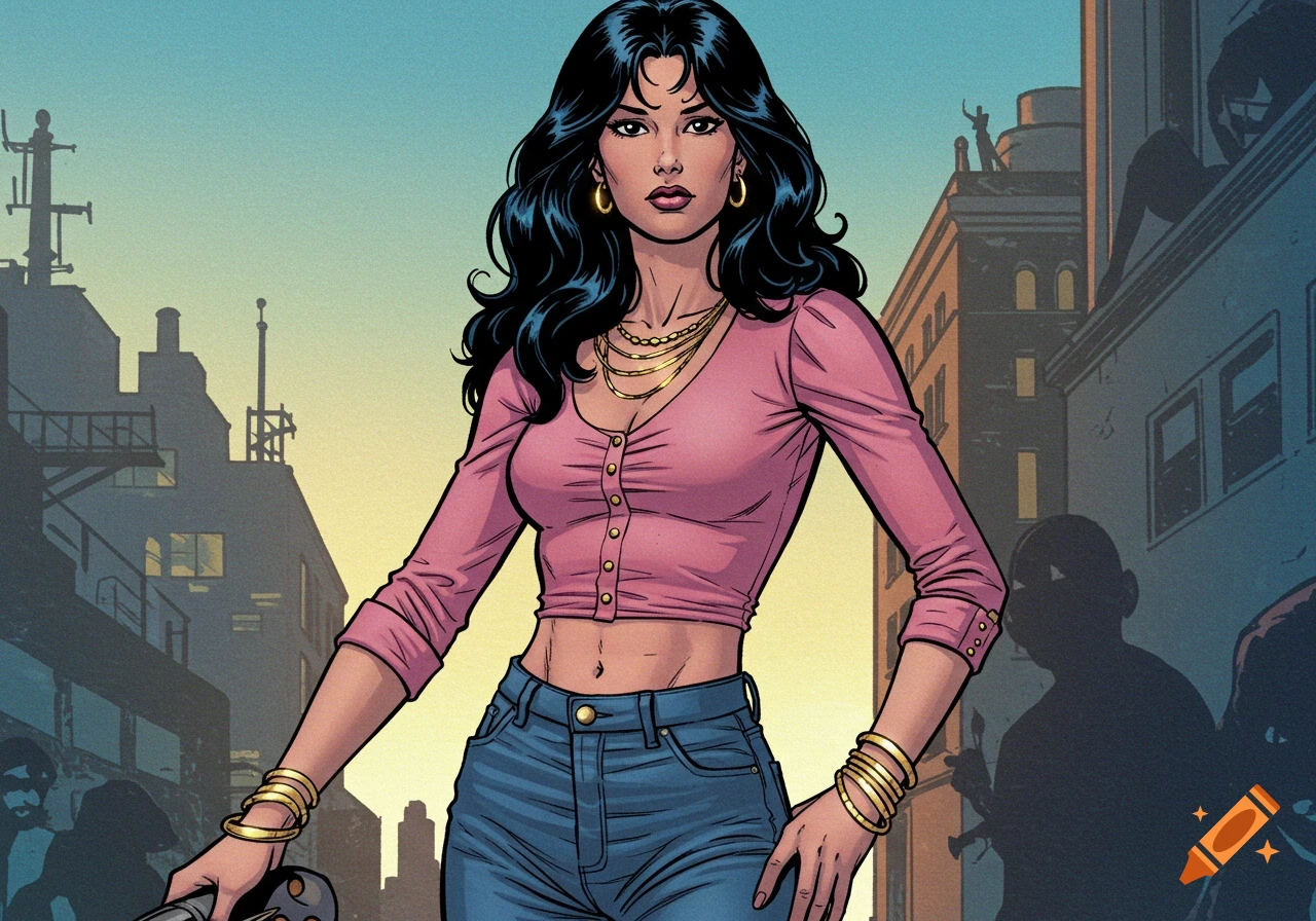 A woman with long black hair wearing a pink crop top and jeans, adorned with gold jewelry, in a Marvel comics art style.