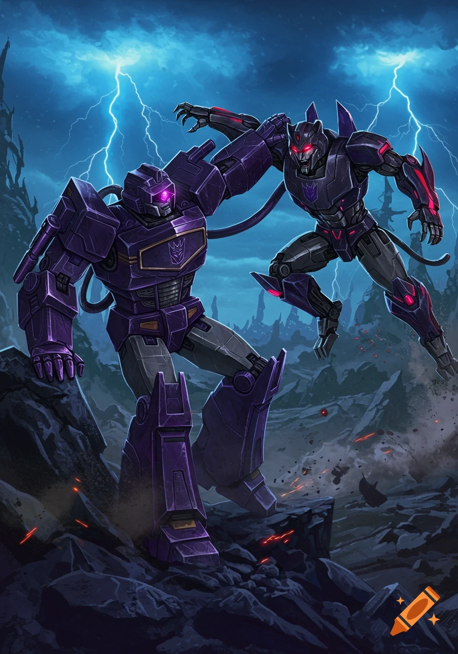 Two purple Transformers, Shockwave and a feline-like robot, battle on a rocky alien planet under stormy skies with lightning.