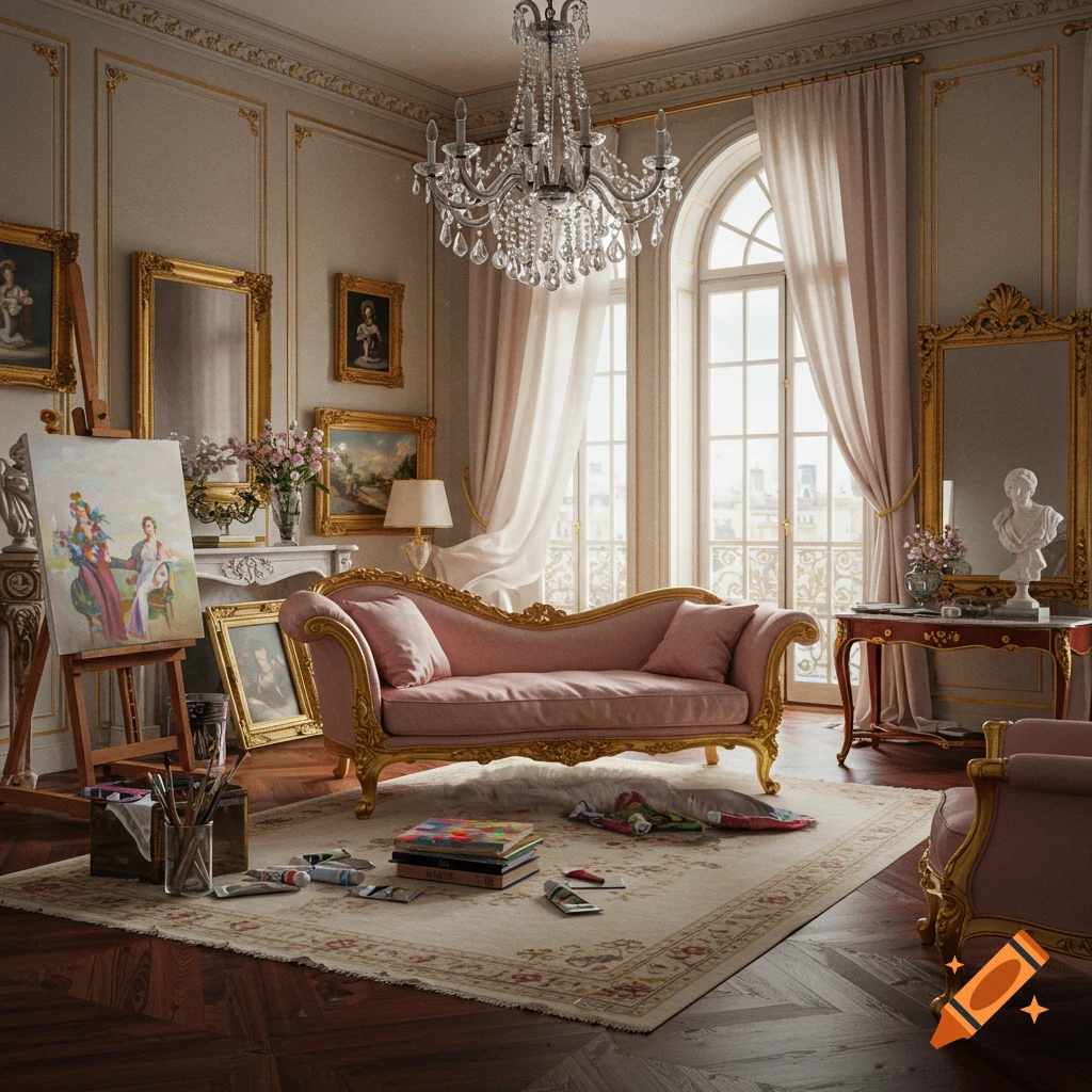 A lavish French-style living room featuring a pink chaise, crystal chandelier, large window, and an artist's easel with paints.