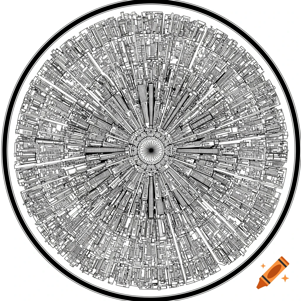 Black and white line art of a circular, intricate city plan, with dense urban structures radiating from a central point like a mandala.