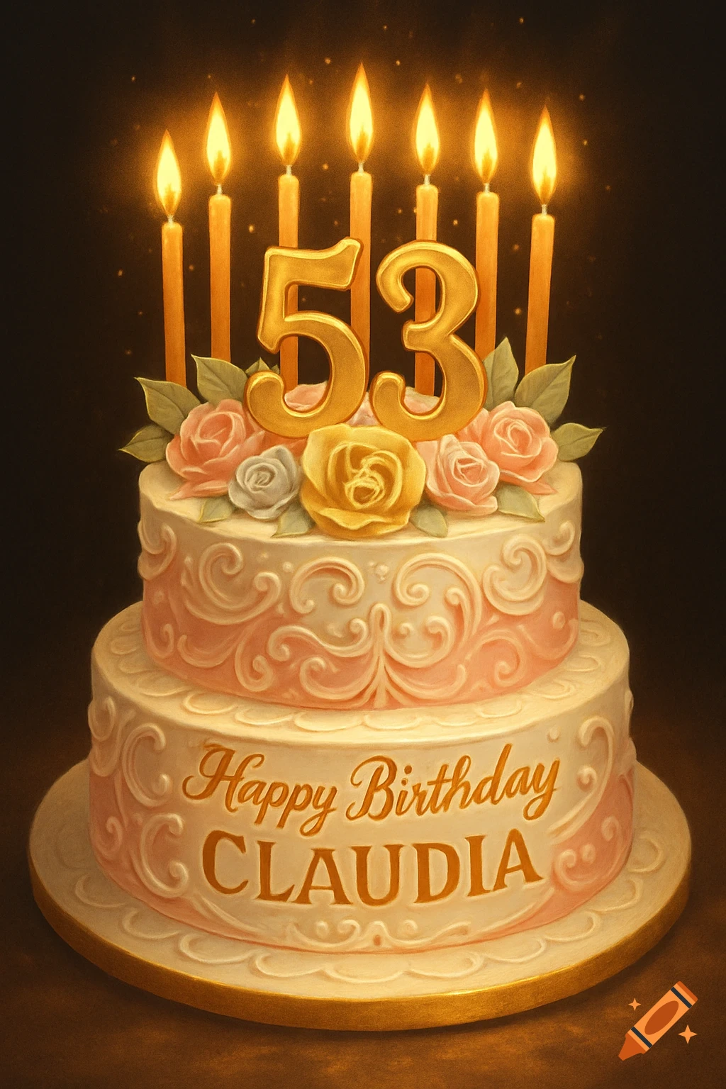 A two-tier birthday cake with gold numbers '53', lit candles, and roses, inscribed with 'Happy Birthday Claudia' on the bottom tier, against a dark background.