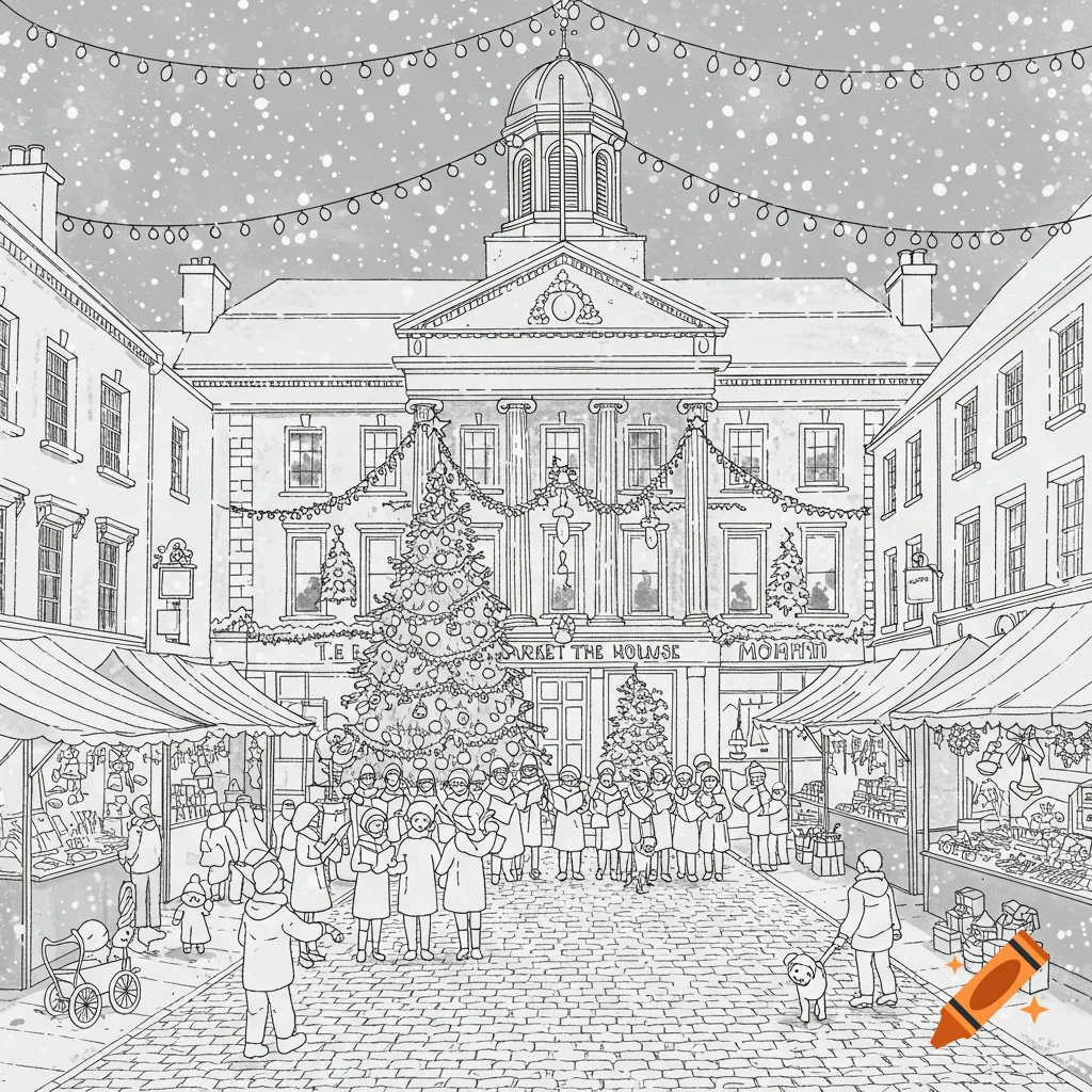 A line drawing of a snowy Christmas market scene in a town square, with a decorated Christmas tree, carolers, and market stalls in front of a grand building.