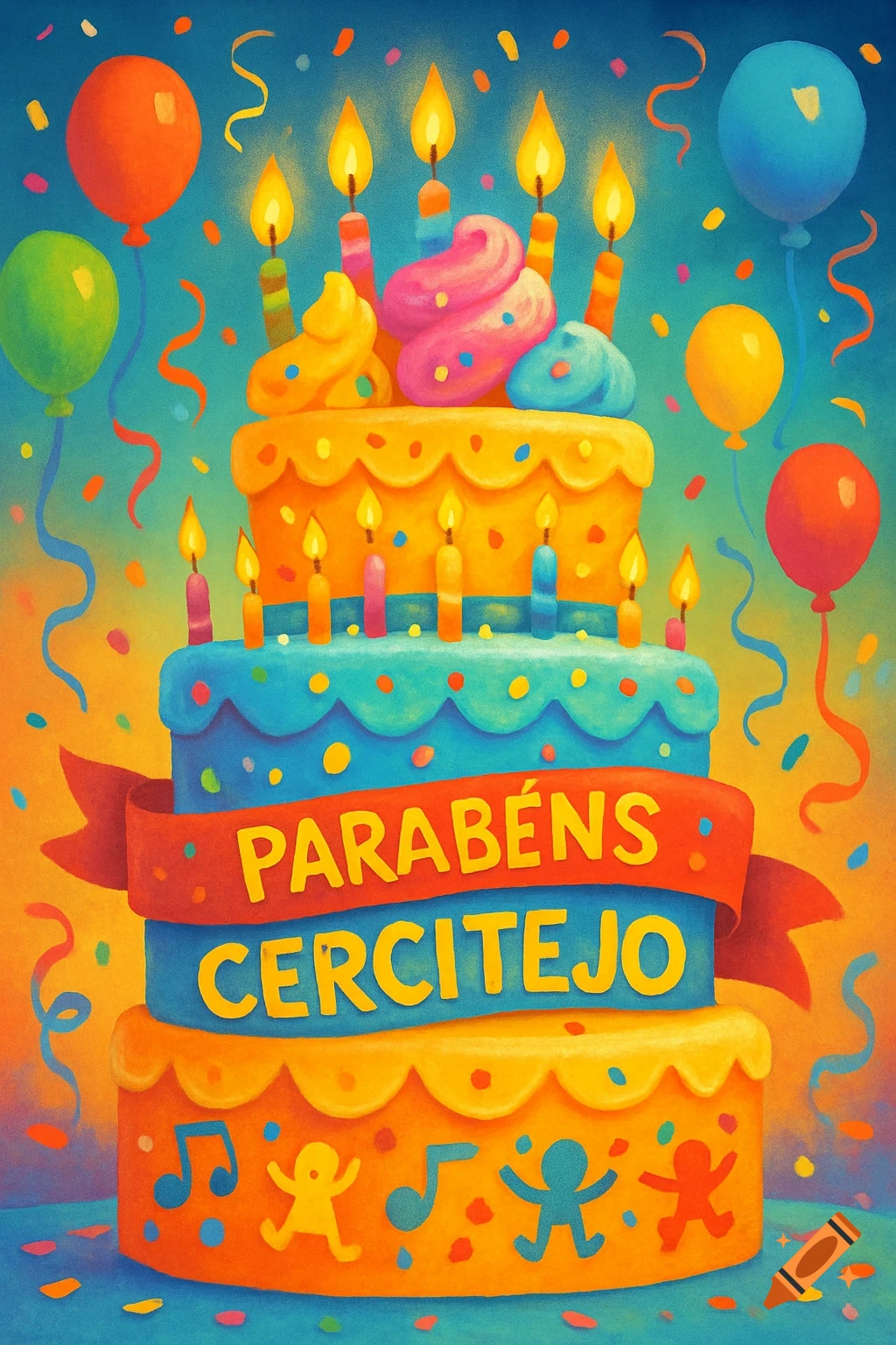 Vibrant cartoon-style three-tier birthday cake with lit candles, balloons, confetti, and "PARABÉNS CERCITEJO" text.