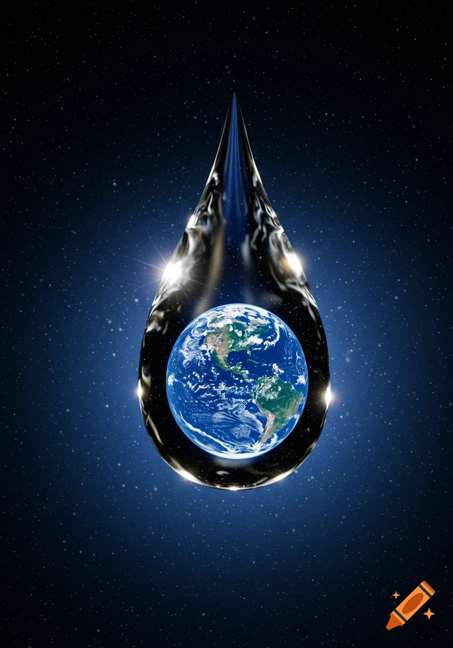 A clear water droplet enclosing planet Earth, set against a dark blue starry space, rendered as an illustration.