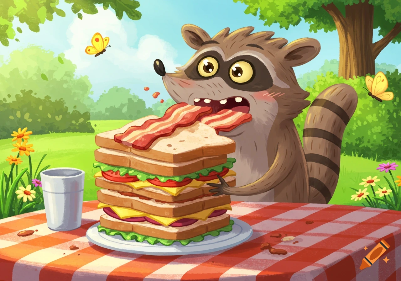 A cartoon raccoon with wide eyes greedily devours a towering, multi-layered sandwich at a picnic table in a sunny park.