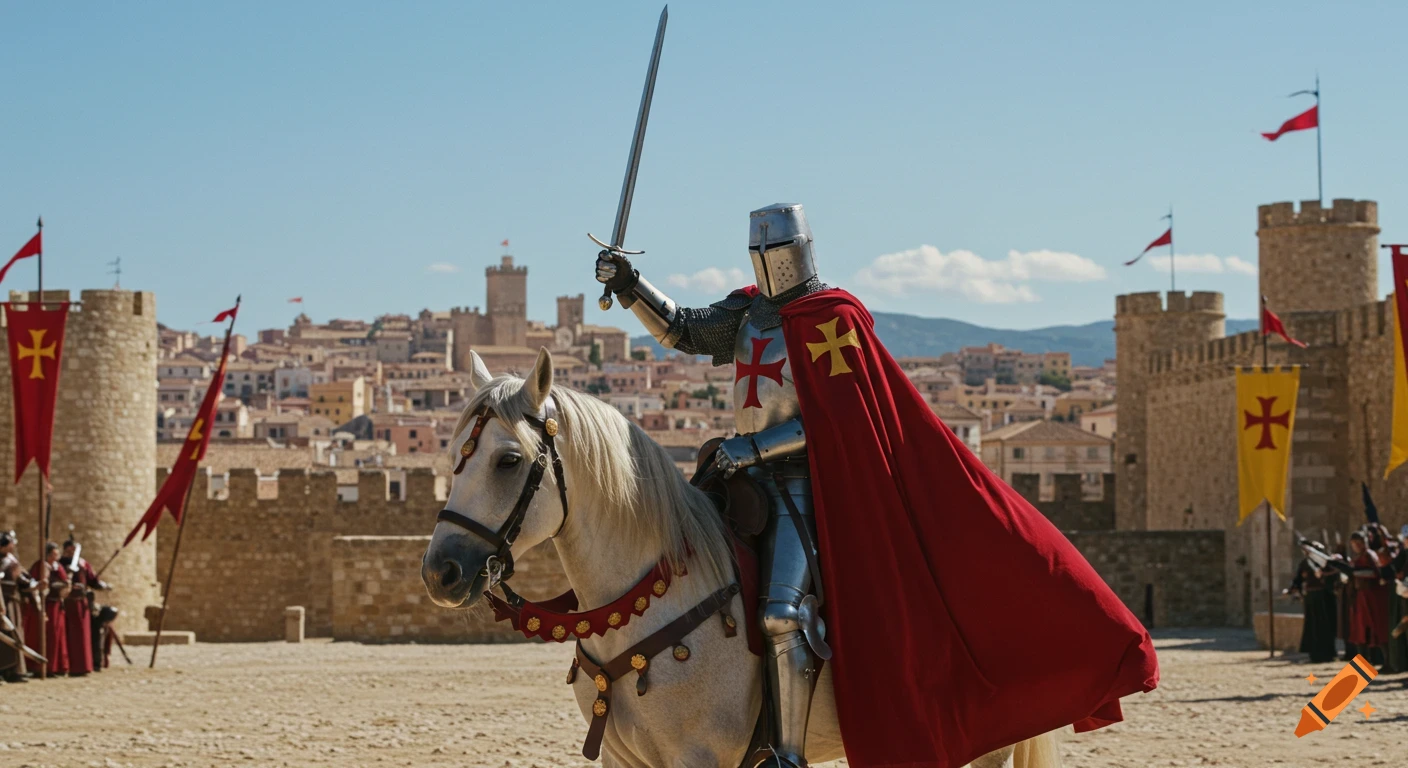 A medieval knight in shining armor and a red cape with a white cross, on a white horse, raises a sword in front of a walled city with red and yellow flags under a clear blue sky.