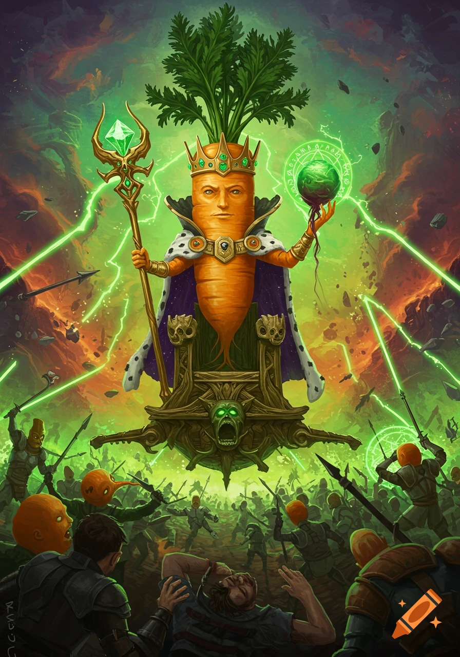 A crowned carrot king on a floating throne commands an army of carrot soldiers fighting humans, with green magic.