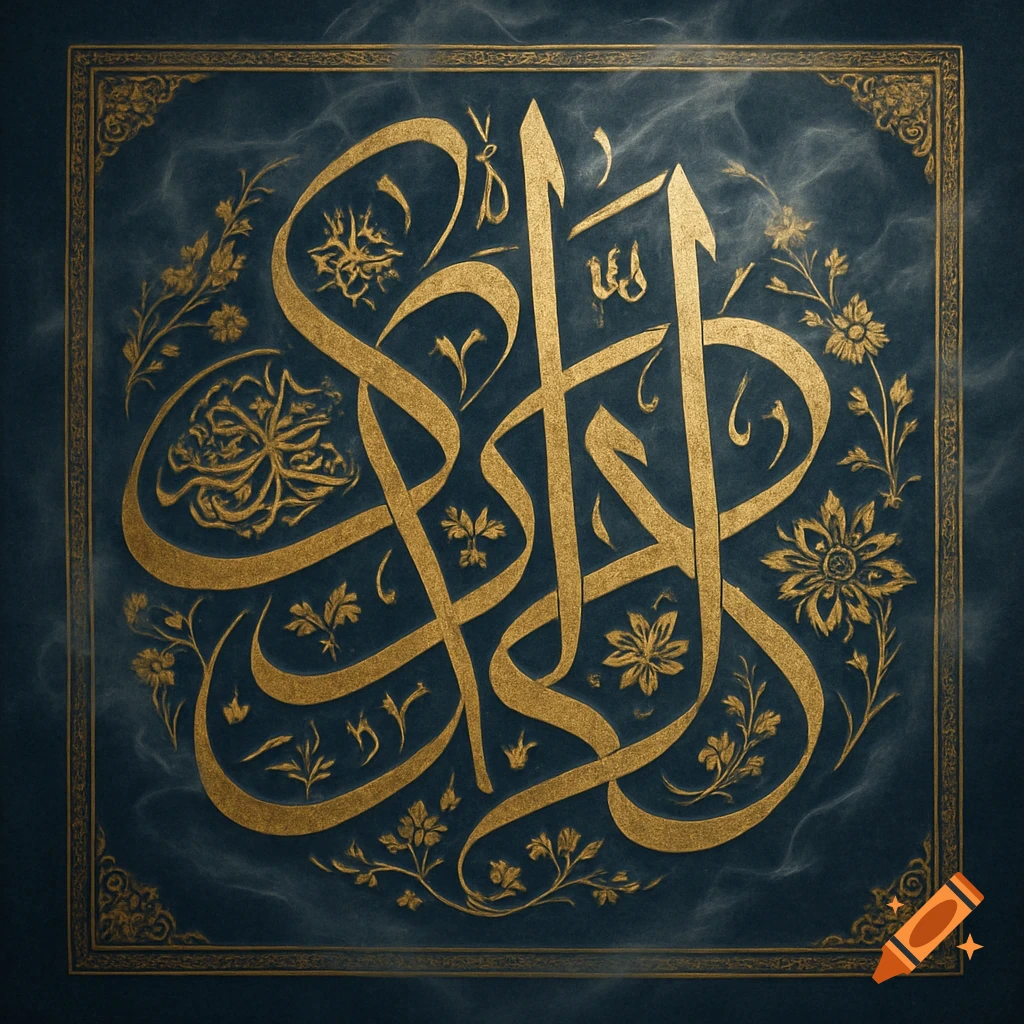 Gold Arabic calligraphy with floral accents on a dark teal textured background, framed by a decorative border.