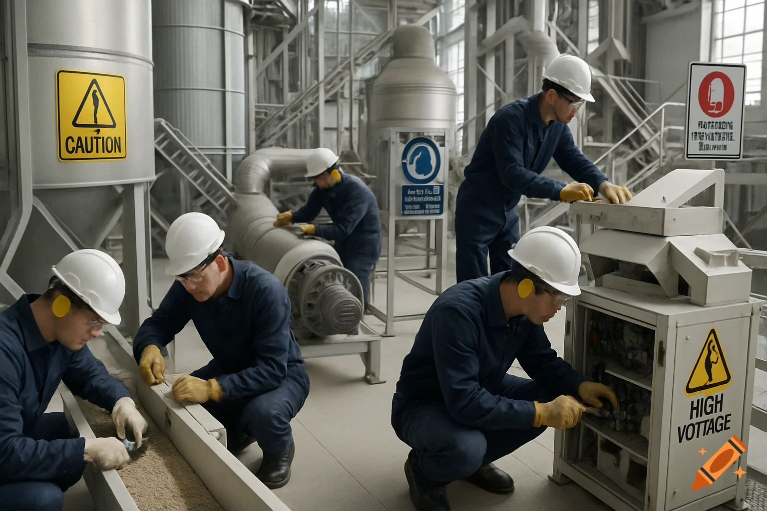Photorealistic scene of multiple workers in safety gear performing maintenance on industrial equipment in a clean, modern facility.