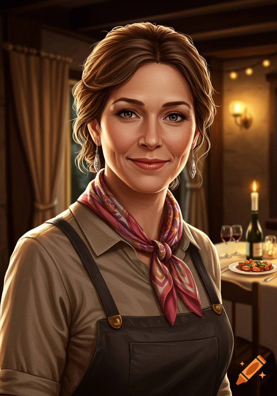 Smiling woman in a brown shirt and apron, with a colorful scarf, standing in a cozy, dimly lit restaurant setting. Photorealistic illustration.