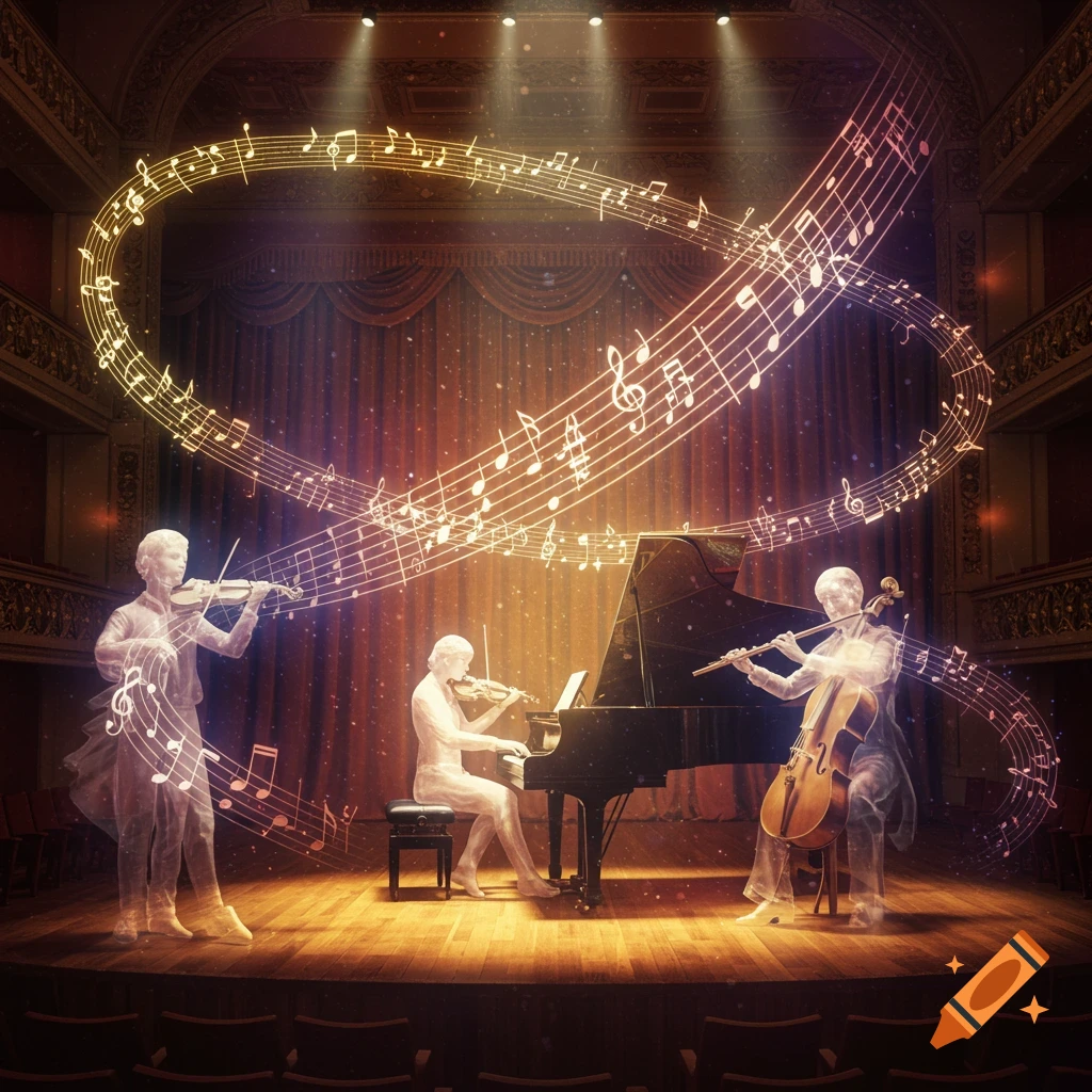 Three translucent musicians play violin, piano, and cello on a stage, surrounded by glowing musical notes.