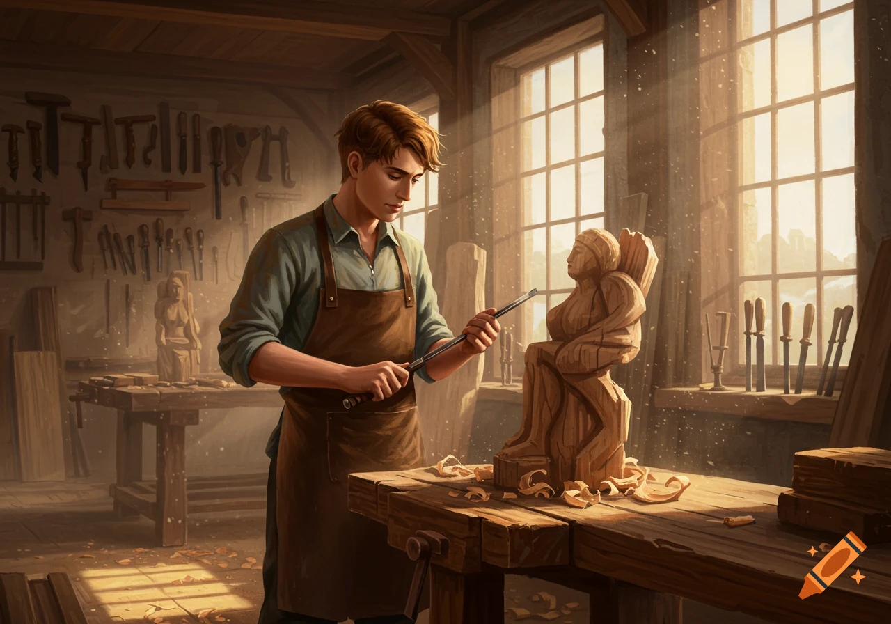 A young man in an apron intently carves a wooden sculpture in a sunlit woodworking shop, surrounded by tools and wood shavings.