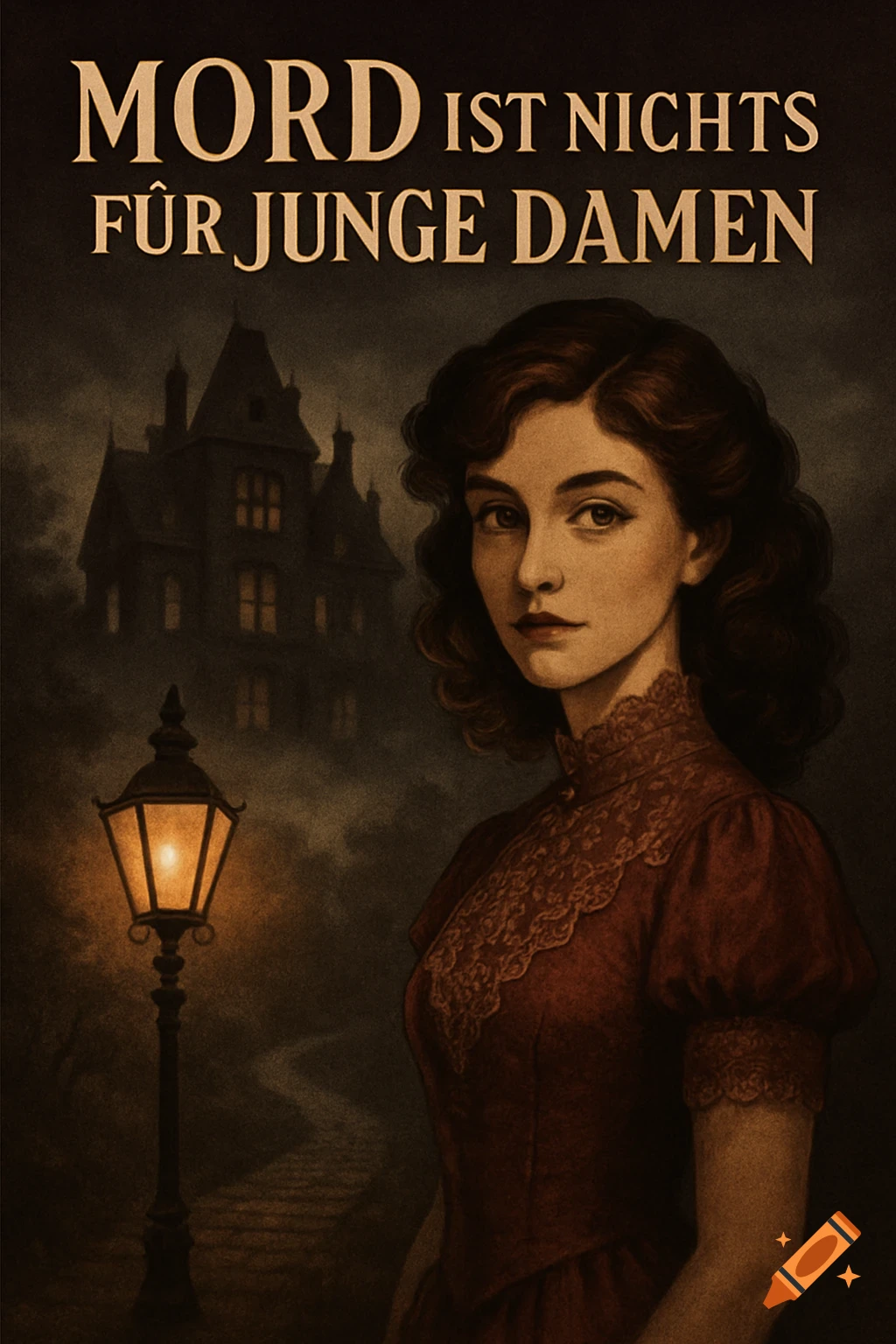 Vintage illustration of a woman in a red dress against a dark gothic house and streetlamp, with text 'MORD IST NICHTS FÜR JUNGE DAMEN'.