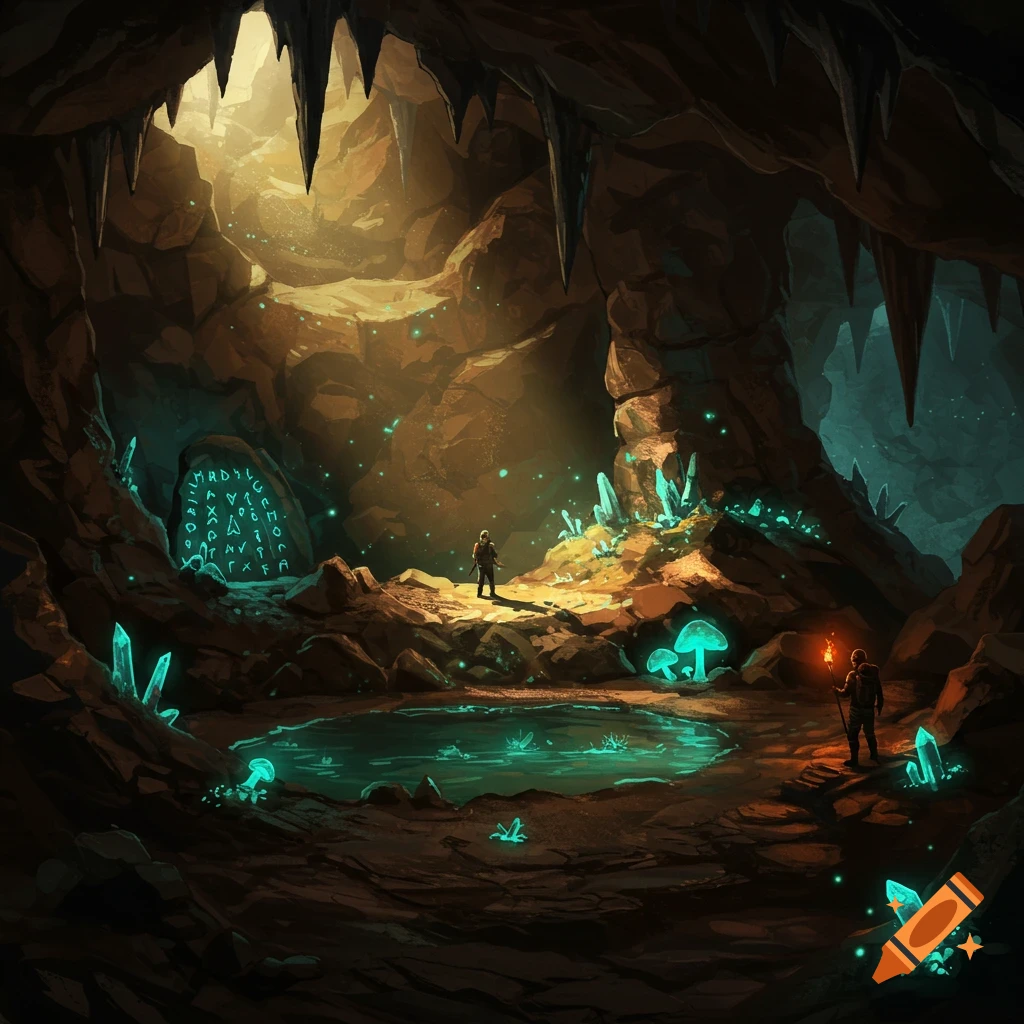 A fantasy illustration of a glowing cave with two adventurers, bioluminescent crystals, mushrooms, and a reflective pool.