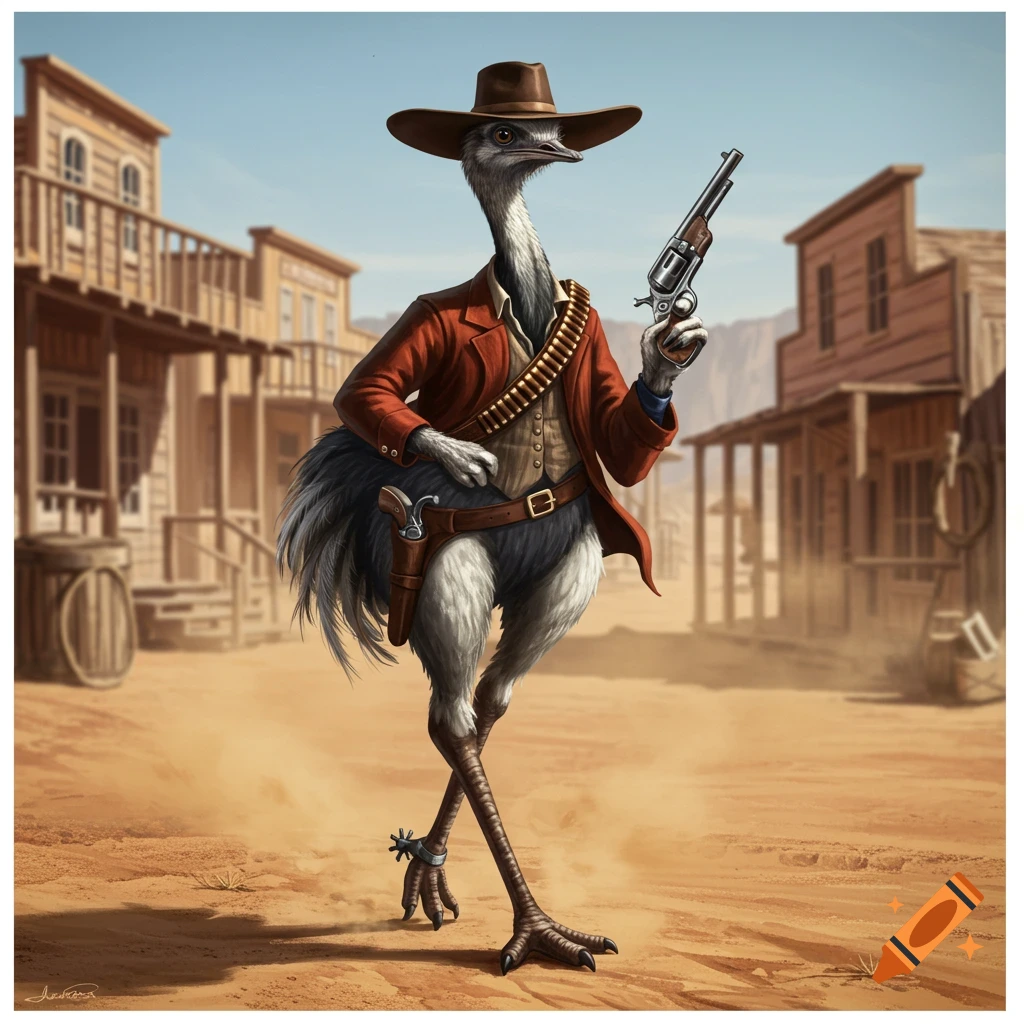 An anthropomorphic rhea bird dressed as a pistolero, holding a revolver, stands on a dusty street in an Old West town.