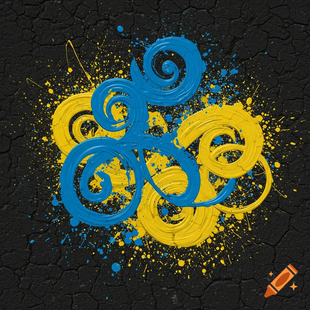 Abstract blue and yellow paint swirls and splatters on a textured, cracked black background.
