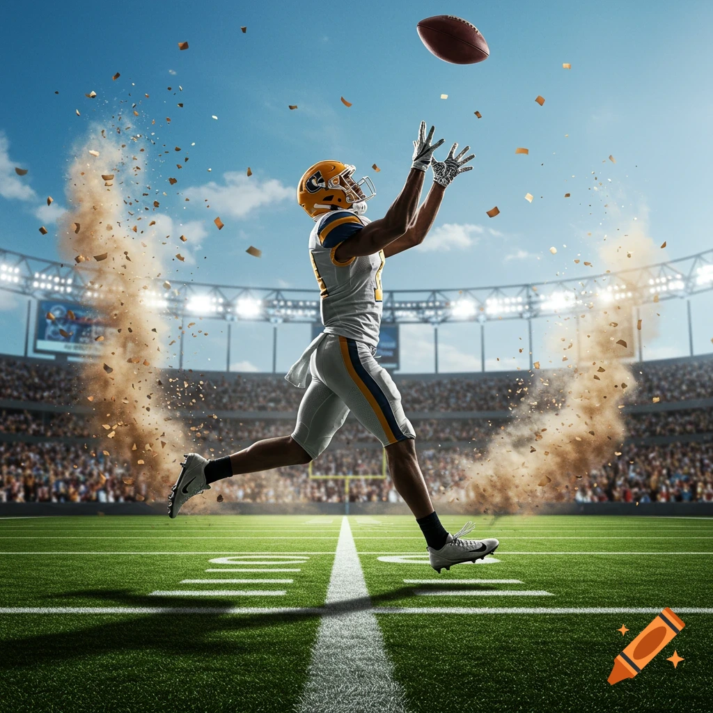 A photorealistic image of an American football wide receiver leaping to catch a football in a stadium.