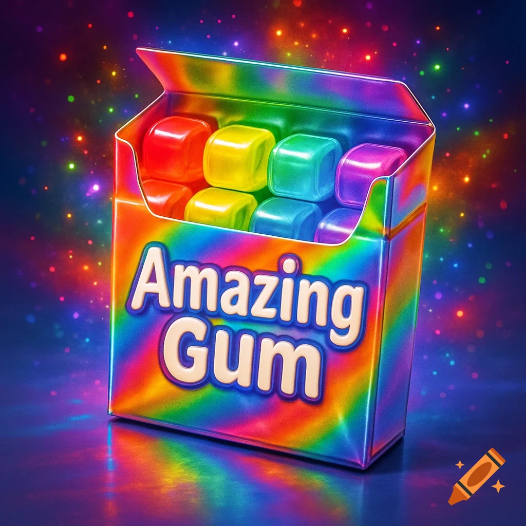 A vibrant rainbow-colored box of 'Amazing Gum' filled with colorful gum pieces, set against a sparkling, luminous background.