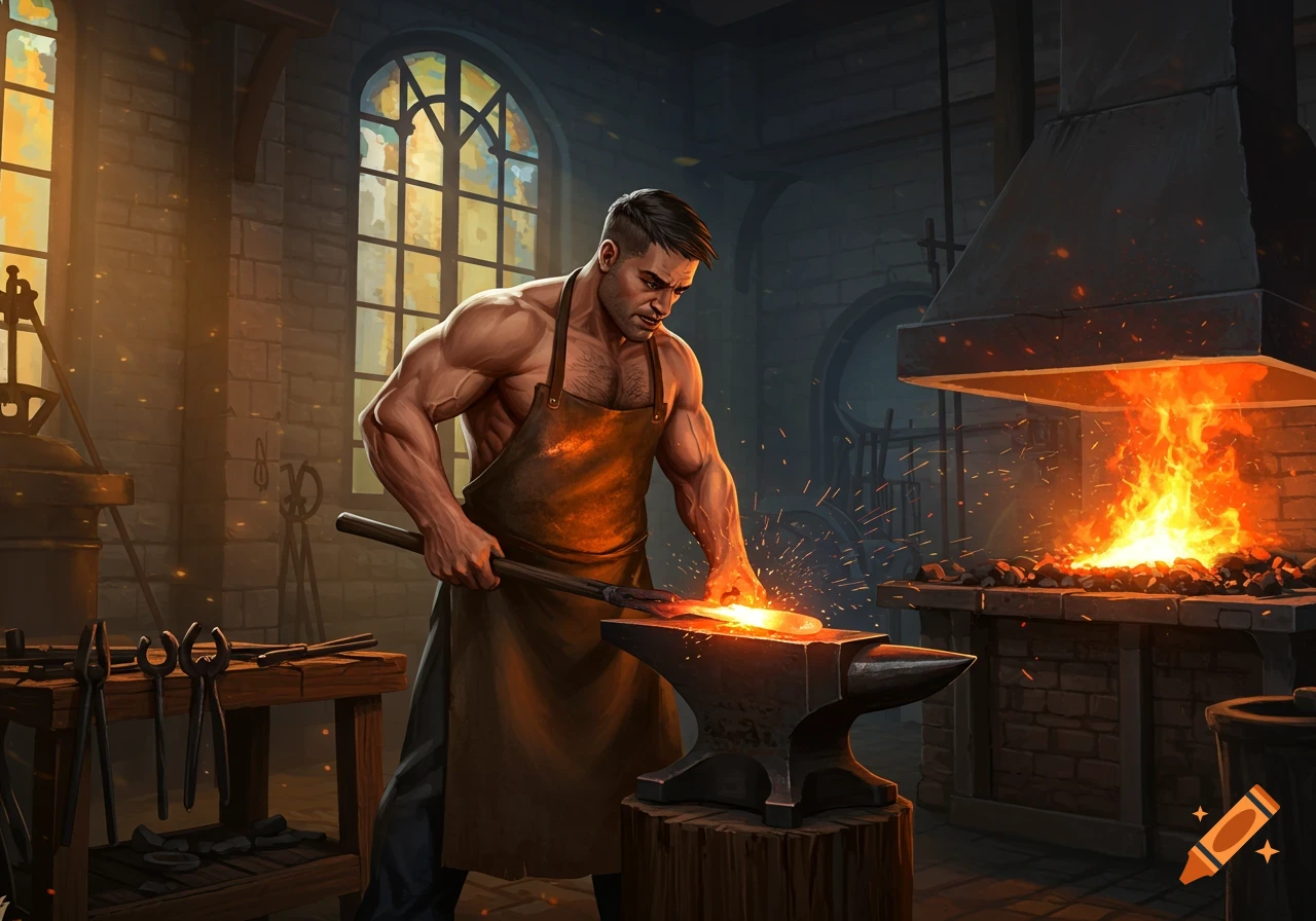 A muscular blacksmith in a leather apron forges glowing metal on an anvil in a dark, fiery workshop. Stylized illustration.