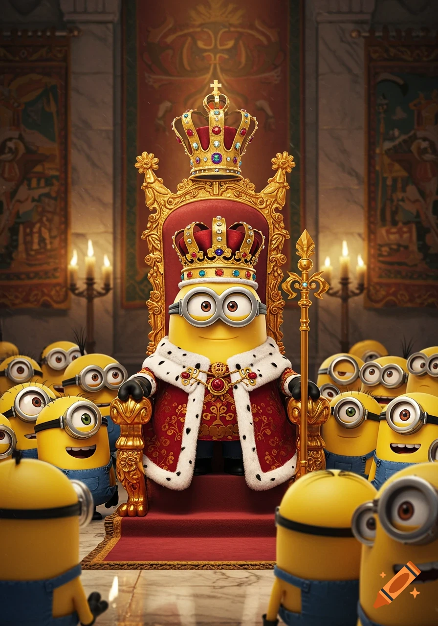 Minion King Bob, in a jeweled crown and royal robe, sits on an ornate gold throne, surrounded by many other minions.