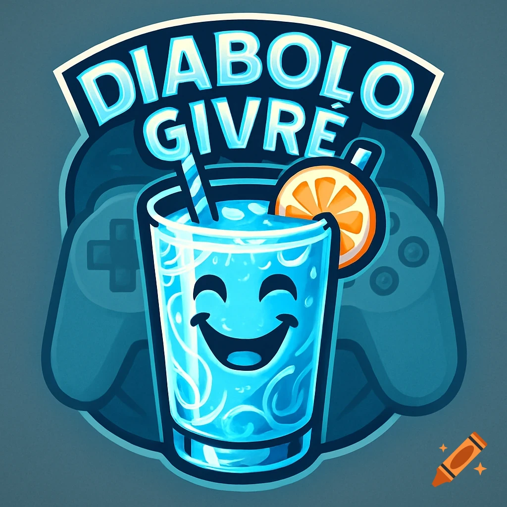 A cartoon emblem features a smiling blue cold drink with a straw and orange slice, 'DIABOLO GIVRE' text, and a gaming controller background.