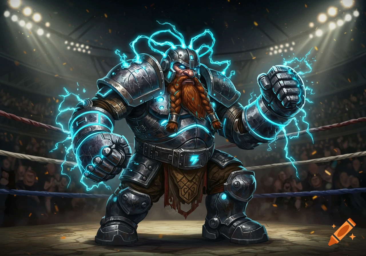 An armored dwarf boxer with a braided beard and glowing blue electricity around his fists and head stands in a boxing ring under bright lights.