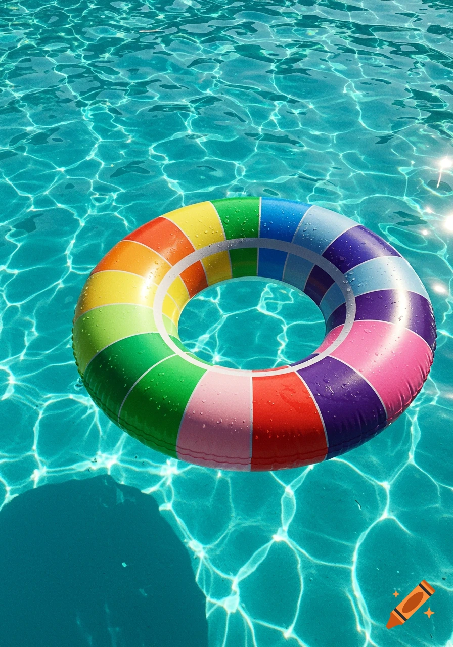 A vibrant, multi-colored swim ring floats on shimmering blue pool water under bright sunlight, with water droplets on its surface.