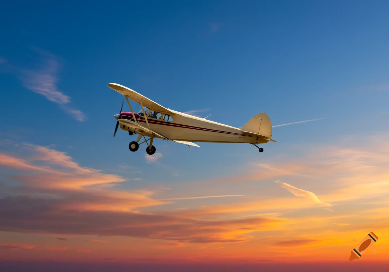 A vintage biplane with red accents flies in a vibrant sunset sky with orange and blue hues.