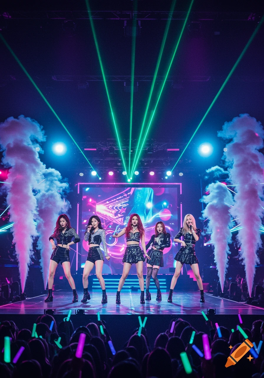 K-pop girl group performing on a brightly lit stage with green lasers, smoke, and an audience holding light sticks.