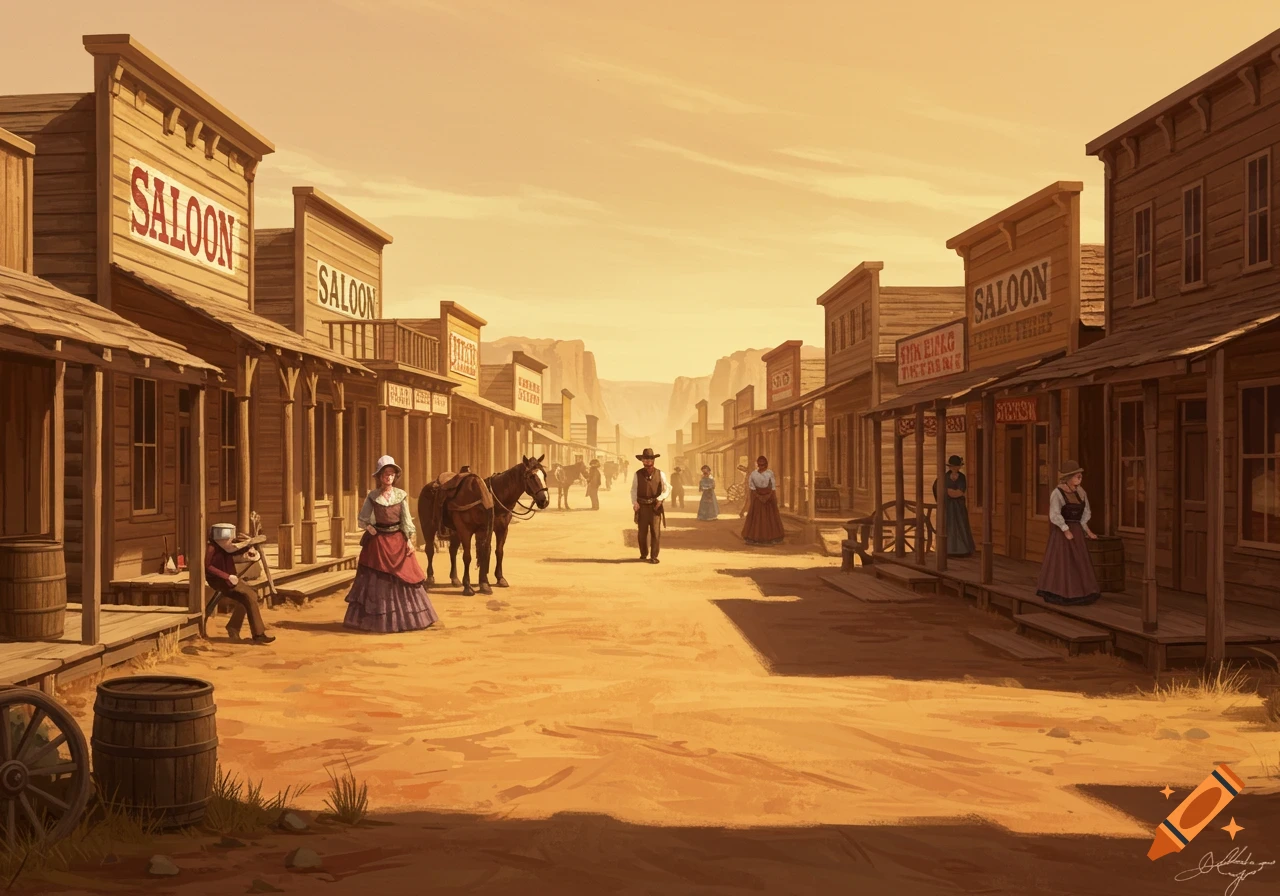 An illustration of an Old West town street scene with wooden buildings, people, and horses under a warm, orange sky.