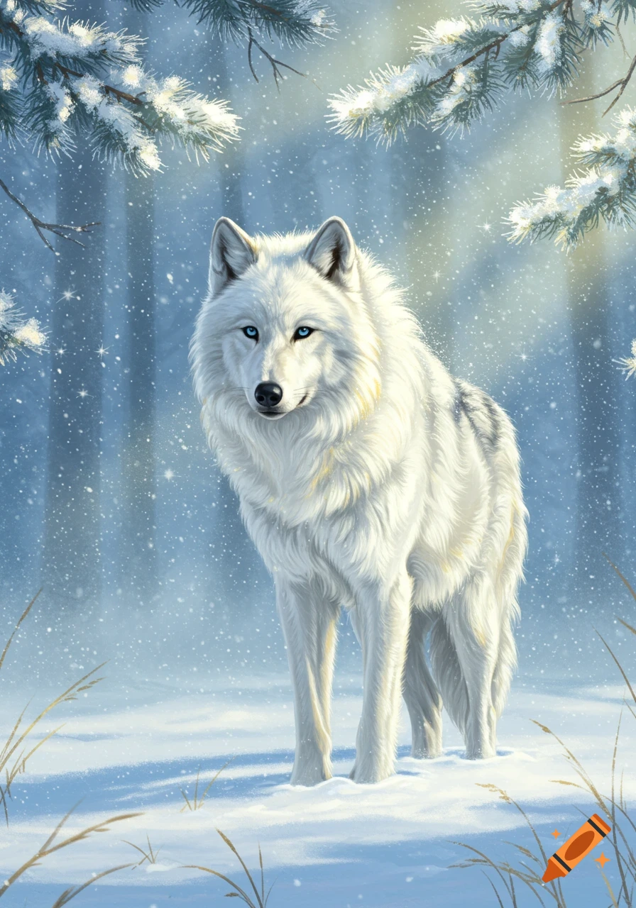 A majestic white wolf with piercing blue eyes stands in a snowy forest as glistening snow falls.