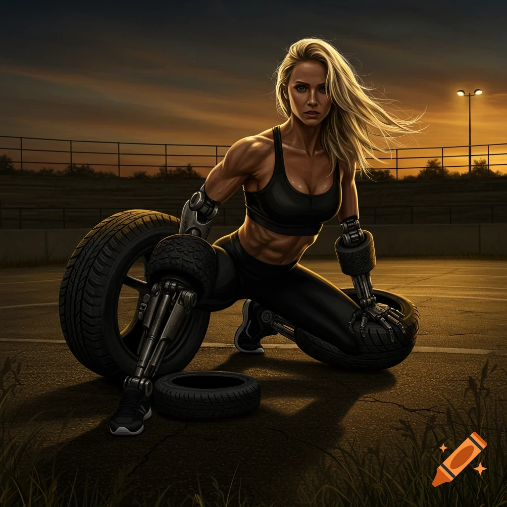 Muscular blonde woman with bionic tire limbs crouches on asphalt at sunset.