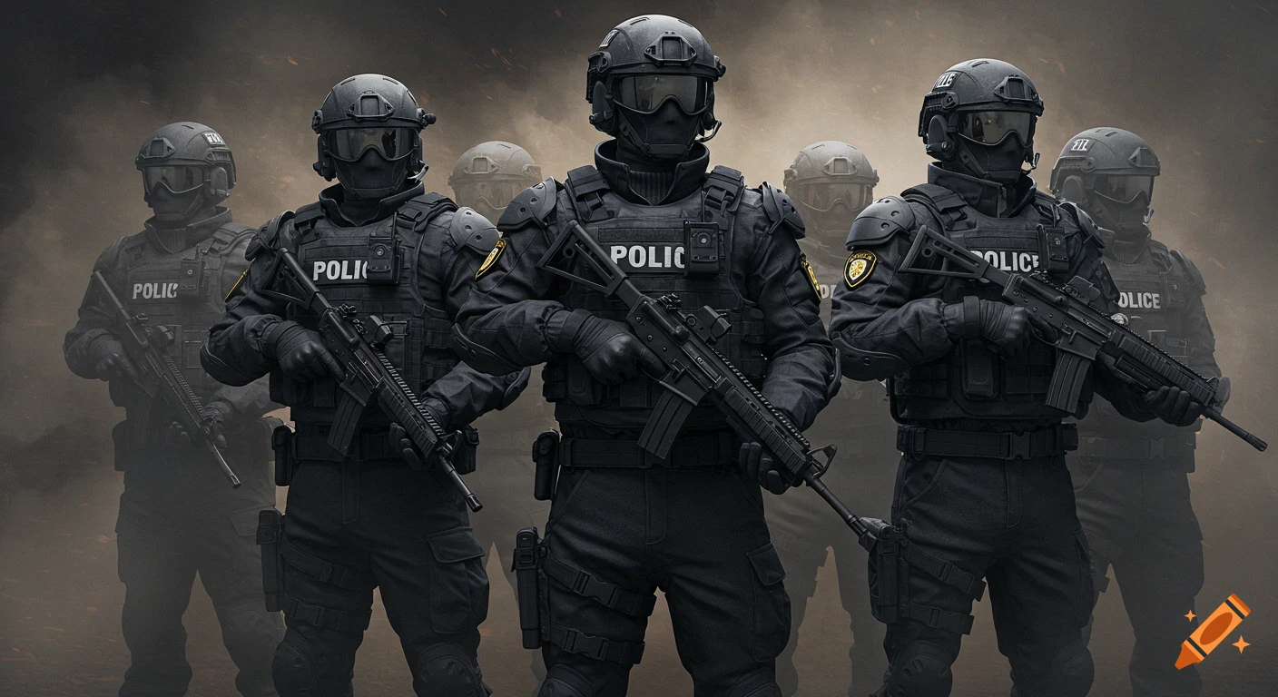 Photorealistic image of a police rapid response unit in tactical black uniforms, holding modern weapons, in a smoky setting.