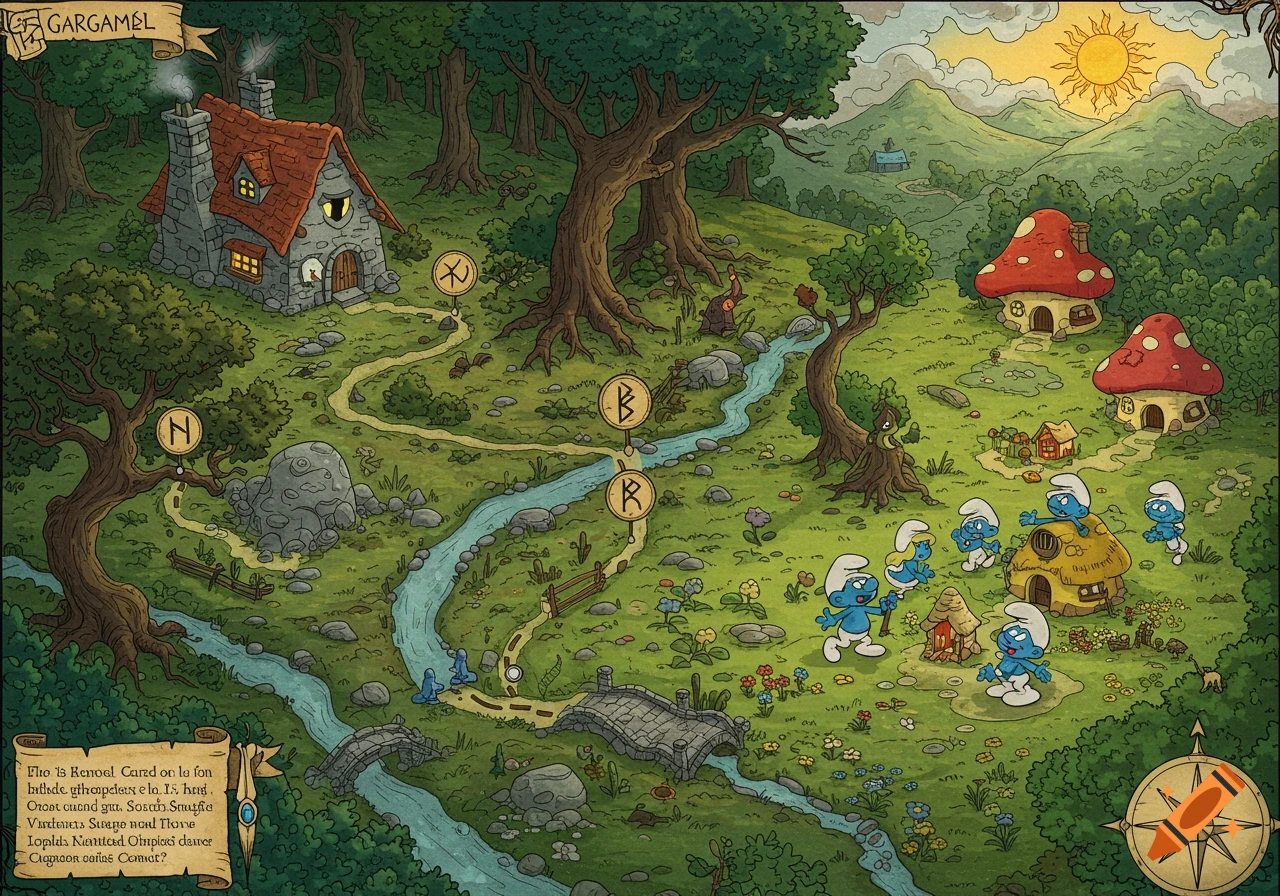A cartoon fantasy map illustrating the path from Gargamel's house through a forest with a river to the Smurf village with mushroom houses.