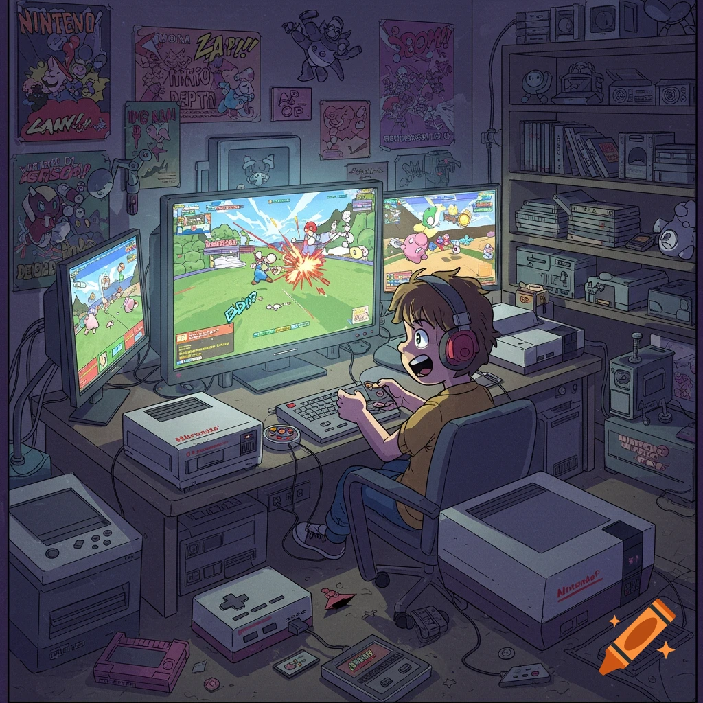 A boy in headphones plays a video game on multiple monitors in a retro-themed gaming room filled with Nintendo consoles and posters, in a graphic novel style.