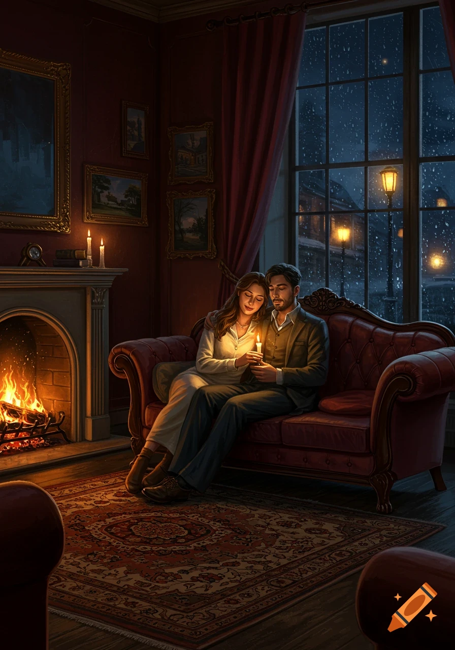A couple cuddles on a sofa by a roaring fireplace as rain falls outside a large window at night, in a cozy, richly decorated room.