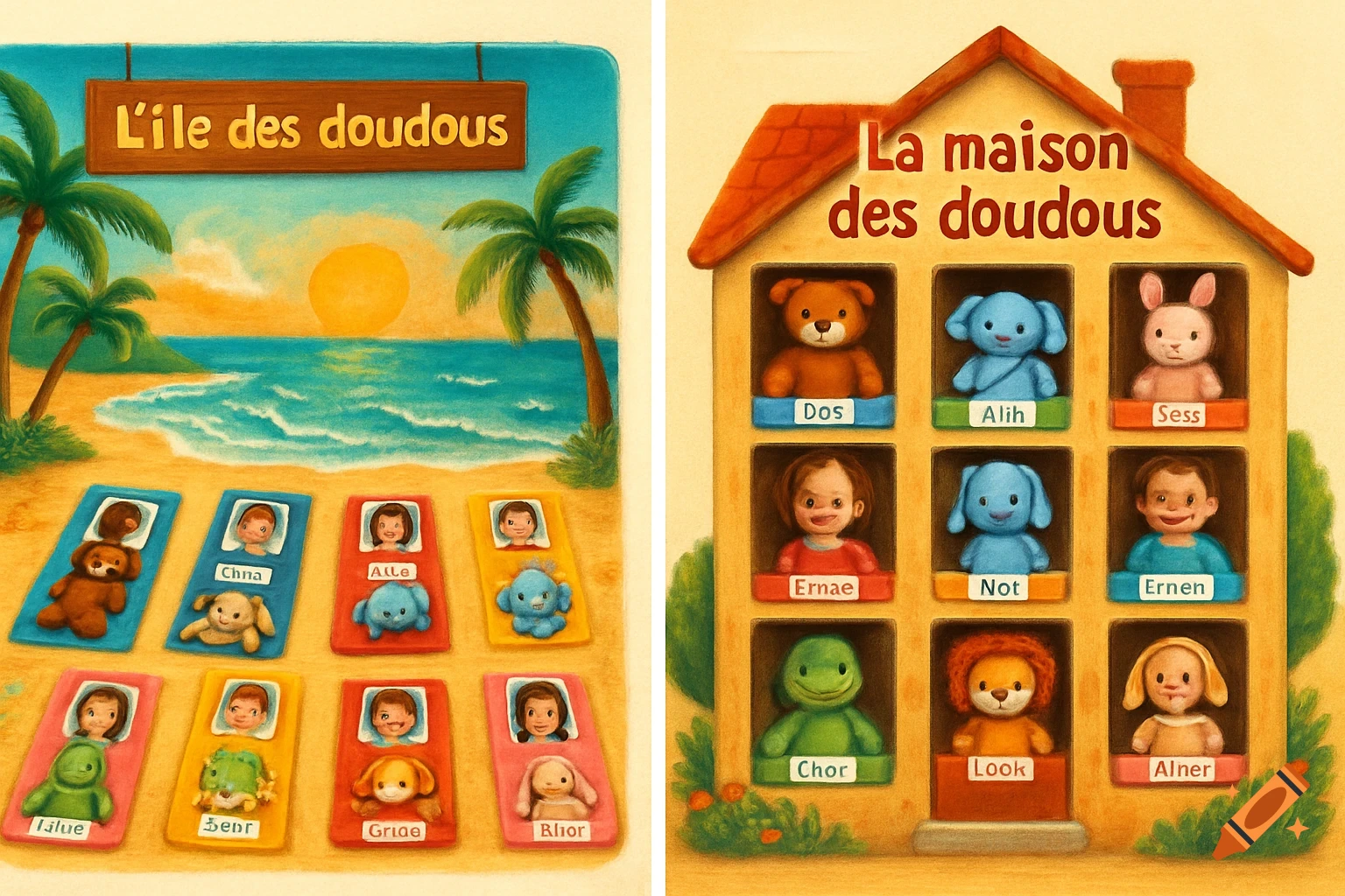 A colorful illustration of two children's activity boards: one beach-themed with plush toys, the other a house for toys.
