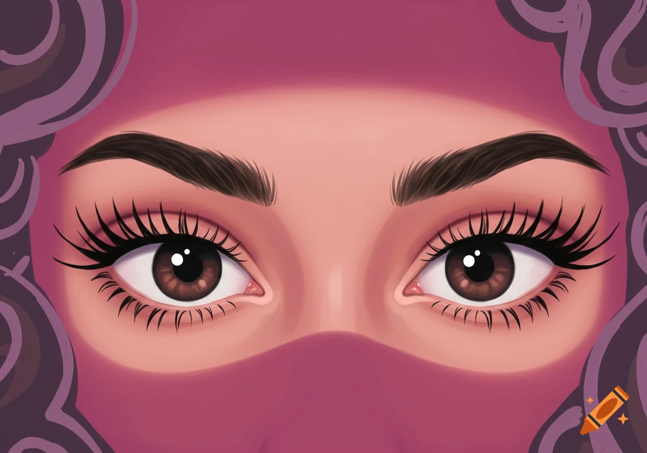Stylized illustration of a person's brown eyes with long 2D lashes, dark eyebrows, and a pink veil.