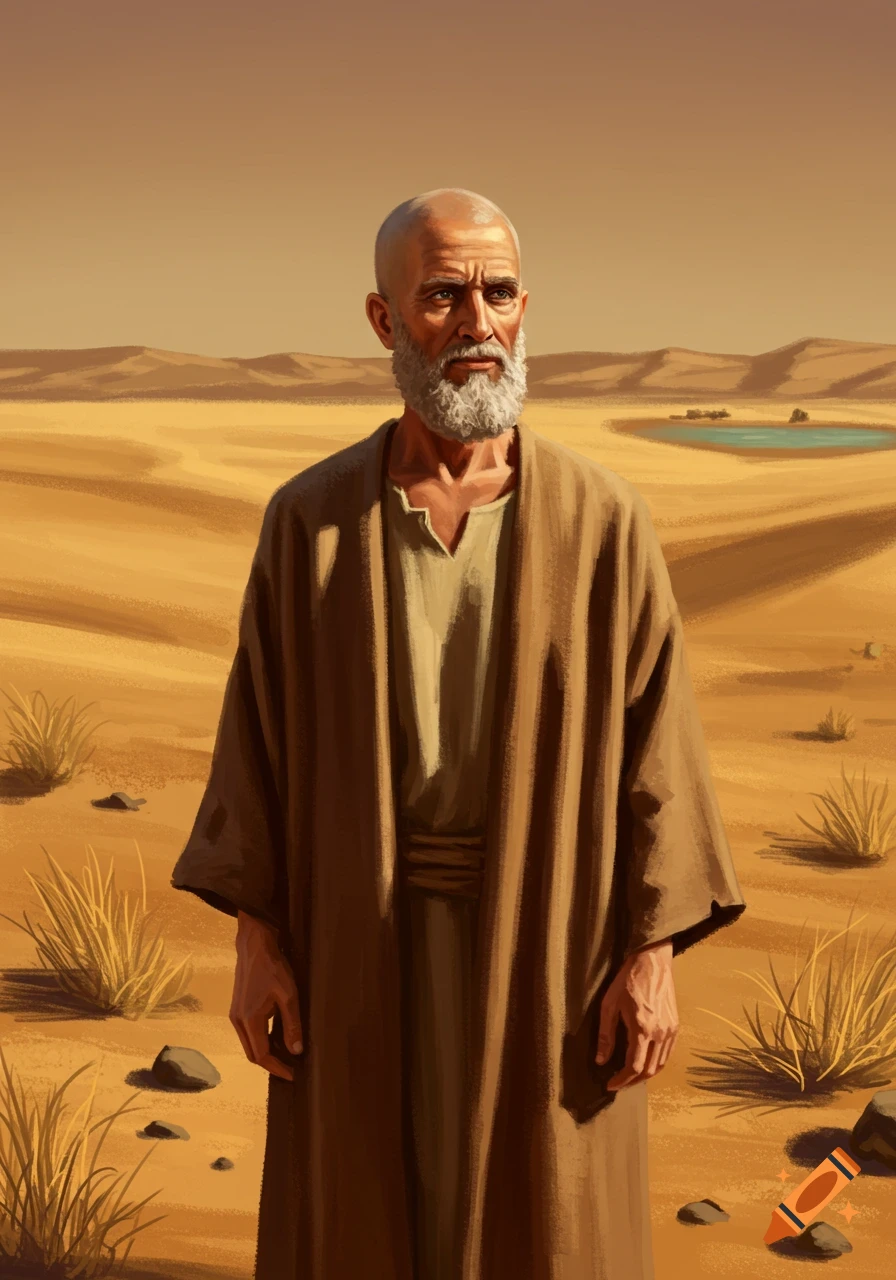 Illustrated portrait of an old, bald man with a white beard and brown robe standing in a sandy desert with distant dunes and an oasis.