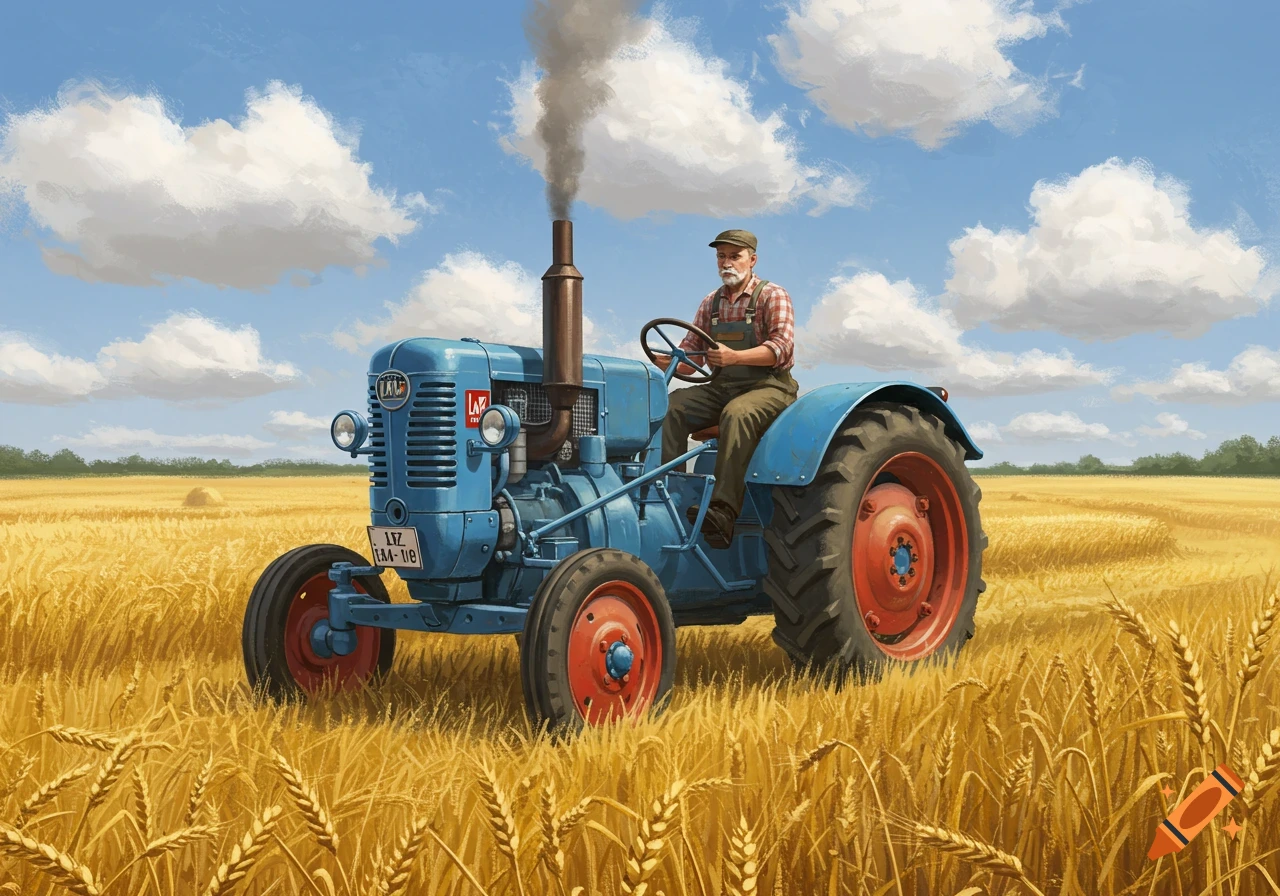 An old farmer drives a blue vintage tractor through a golden wheat field under a sunny sky. Illustration.