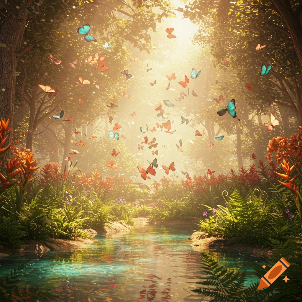 A sunlit forest path with a stream and hundreds of colorful butterflies flying through golden light.
