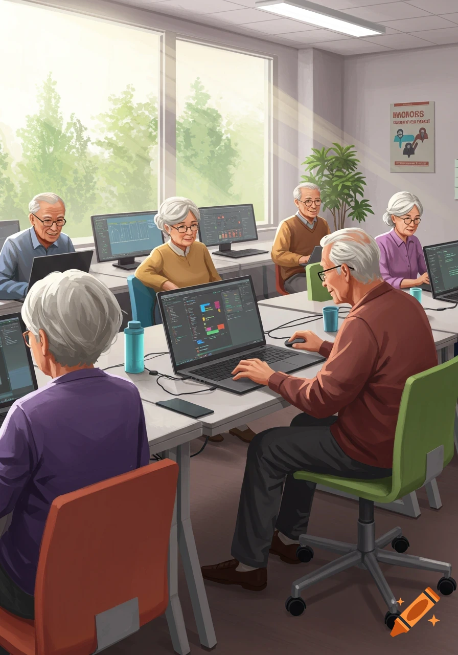 An illustration of seniors learning on laptop and desktop computers in a brightly lit classroom.