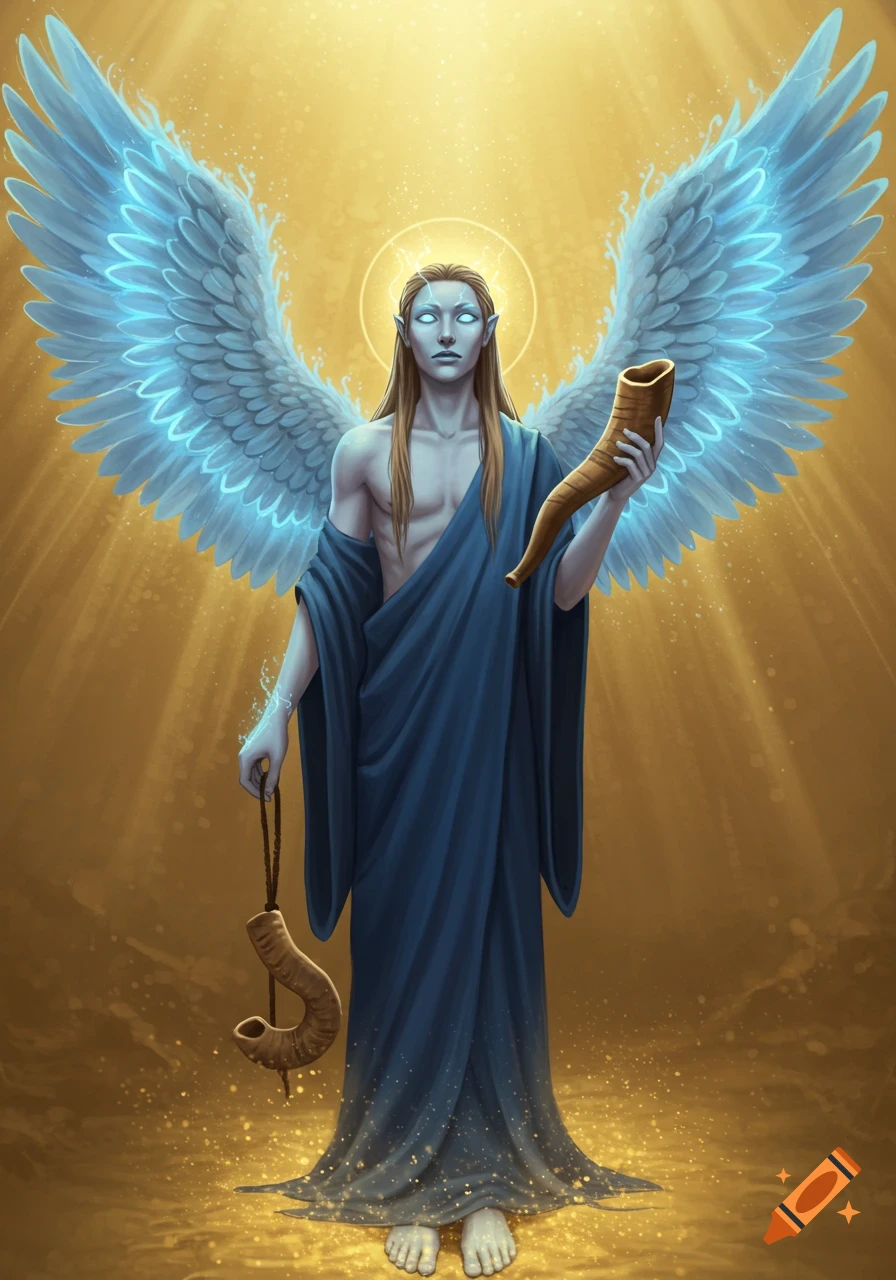 A full-body digital painting of an angelic, androgynous figure with long brown hair, glowing blue wings, and white eyes, wearing blue robes and holding two shofars, bathed in golden light.